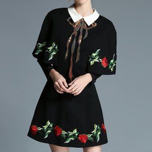 Pretty Black Dress with Rose Applique, Sequined Adornment